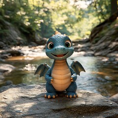 A charming cartoon dragon figurine sitting on a rocky surface