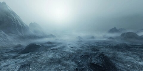 A haunting, desolate landscape where the ground disappears into the foggy abyss