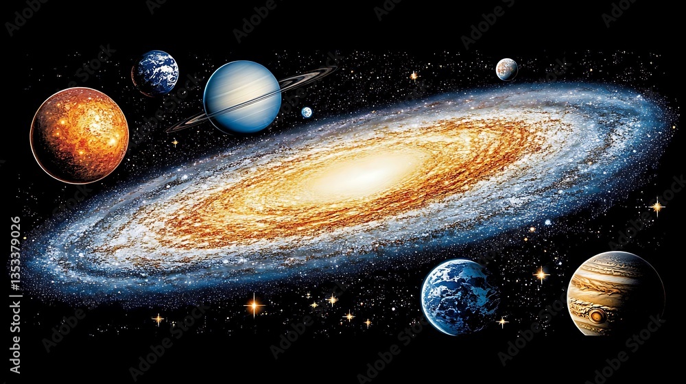 Poster a beautiful artistic rendering of space with planets visible
