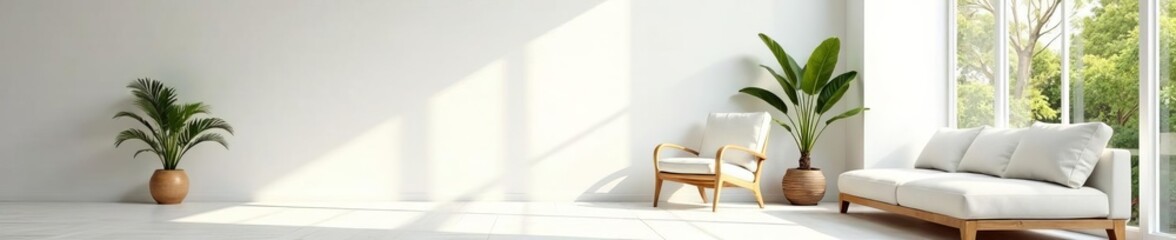 Bright, airy white living room with minimalist furniture and potted plants, interior design, spacious, living