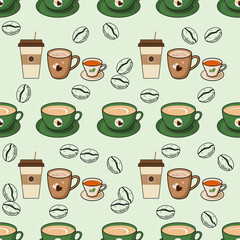 Coffee, tea seamless pattern. Coffee, tea illustration. Coffee, tea background. Perfect for fabric, textile, wallpaper, decor, illustration, print, packaging of products