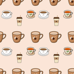 Coffee, tea seamless pattern. Coffee, tea illustration. Coffee, tea background. Perfect for fabric, textile, wallpaper, decor, illustration, print, packaging of products