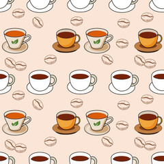 Coffee, tea seamless pattern. Coffee, tea illustration. Coffee, tea background. Perfect for fabric, textile, wallpaper, decor, illustration, print, packaging of products