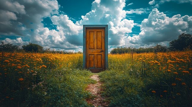 A door standing in the middle of a meadow, symbolizing opportunity and possibility, with an open path leading to a bright horizon.