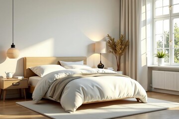 Bright and airy bedroom with soft bedding, minimal decor, and window view, bedroom, minimal, interior