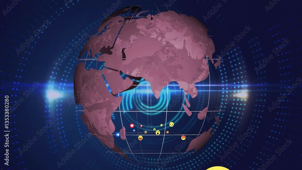 Poster Animation of rotating globe with digital data points on blue background