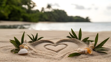 Fototapeta premium Freshly Drawn Heart Design in Soft Sand with Shells and Green Leaves at Serene Beach Location