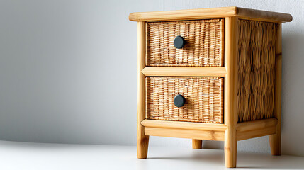 A wooden nightstand with two drawers and black handles. AI Generated