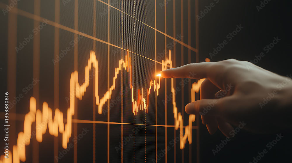 Poster analyzing stock market trends with data visualization financial sector digital graph dark environmen