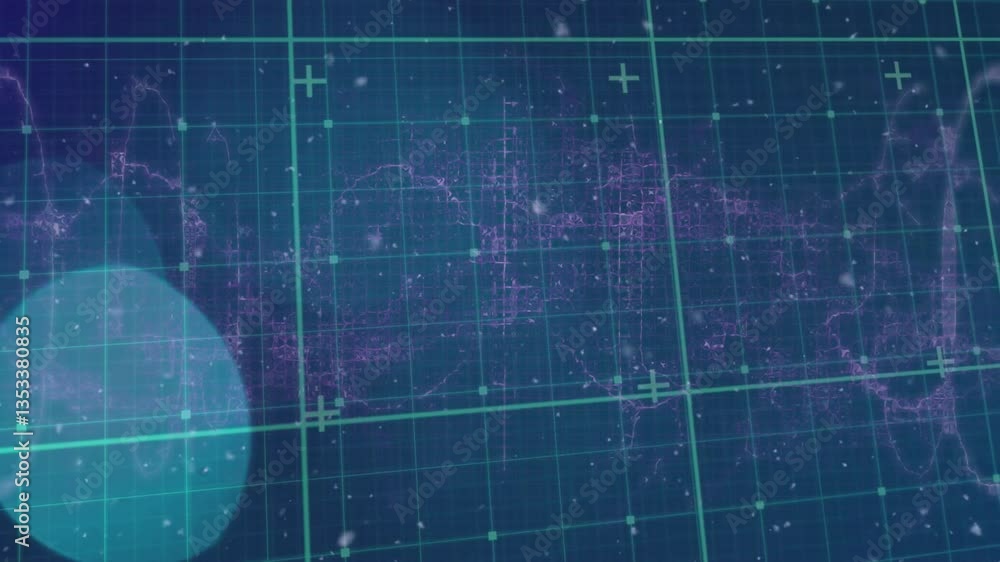 Poster animation of digital grid overlaying abstract data visualization on blue background