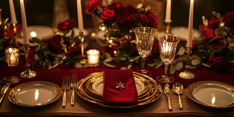 A high-end dining setup featuring deep red tones, gold utensils, and candles