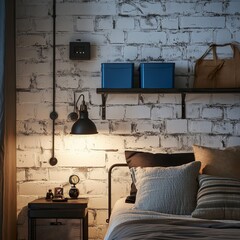Aged White Brick Bedroom Wall with Floating Shelves, Black Metal Side Tables, and Cozy Bedding