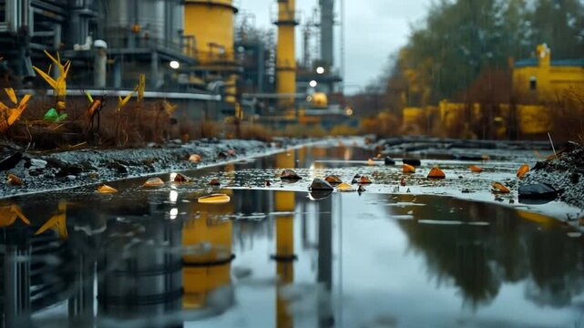 Industrial Reflections: A chilling scene of an industrial complex mirrored in polluted water, highlighting the environmental impact and the bleakness of the landscape.