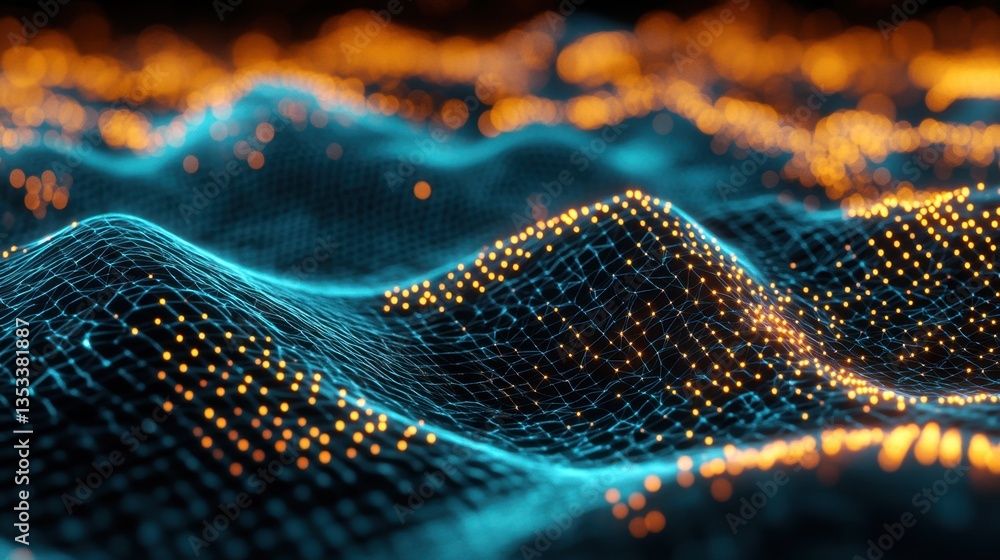 Fototapete high-tech musical waveform with glowing points and hexagonal structures, visualizing digital sound t