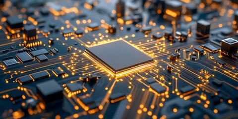 Detailed closeup of a microchip on a circuit board