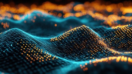 High-tech musical waveform with glowing points and hexagonal structures, visualizing digital sound technology.