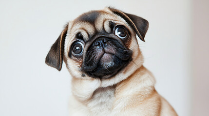 Obraz premium A cute little pug puppy is looking at the camera with its eyes wide open. AI Generated