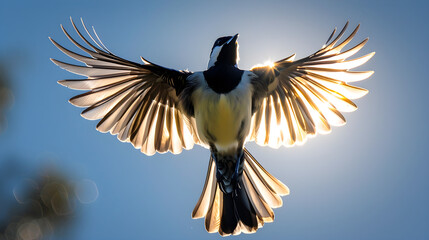 Naklejka premium Radiant Bird in Full Flight Against Gleaming Blue Skies
