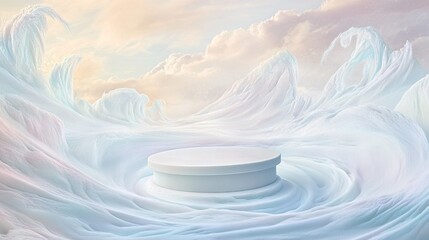 Serene Winter Wonderland: A Circular Platform in a Dreamlike Snowy Landscape