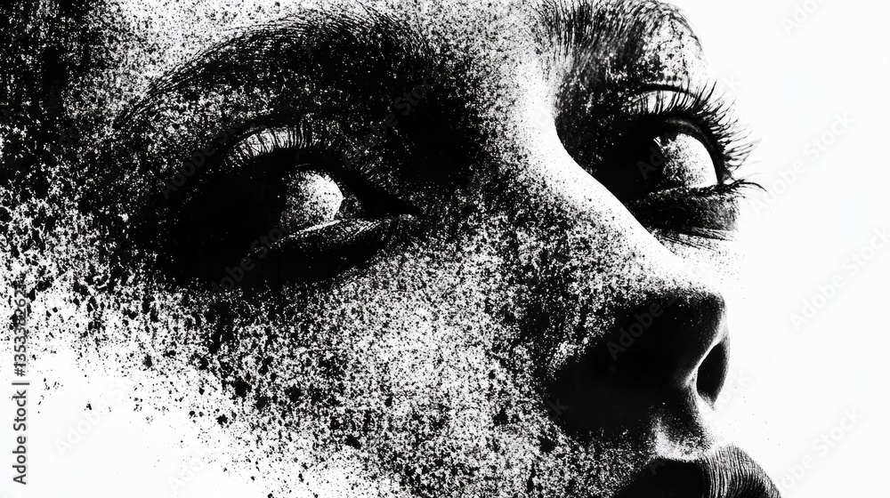 Poster close-up of an abstract human face with intricate textures and patterns, creating a mysterious and a