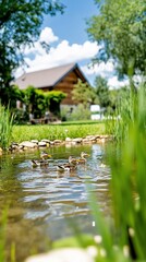 Rustic Wooden House Tranquil Stream Nature Landscape