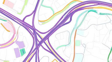 Fototapeta premium Colorful Road Map with Highlighted Routes on White Background