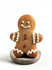 A beautifully decorated gingerbread man cookie with white icing and red dots resting elegantly on a small gray stone pedestal against a white background.