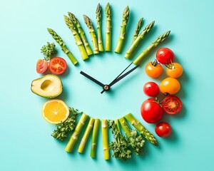 Intermittent Fasting, A creative clock made from fresh vegetables, showcasing healthy eating and time management.