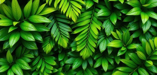 Lush, vibrant green tropical leaves form a dense, textured background, growth, summer