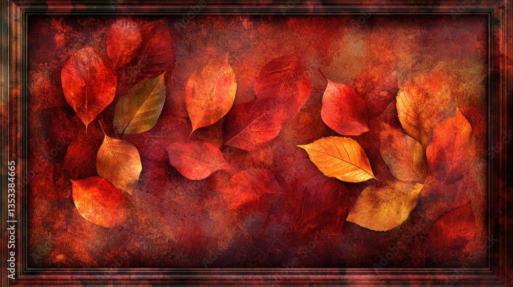 Poster leaves falling in the wind, captured in a frame with rich autumn colors, creating a soft overlay tex