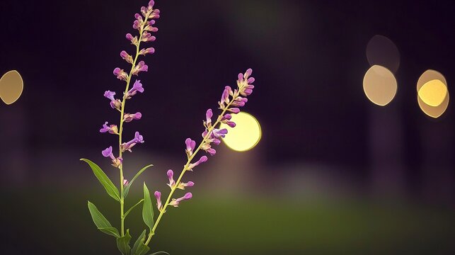 Delicate purple wildflowers bloom against a blurred night background