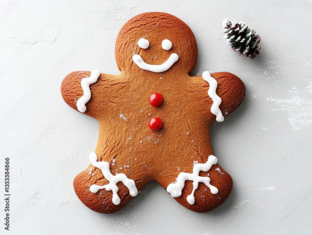 Poster homemade gingerbread man cookie with red button icing and white decorative details dusted with powde