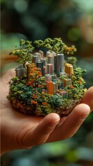 Hand Holding a Miniature Urban Landscape Surrounded by Nature with Trees and Colorful Foliage, Symbolizing Harmony Between City Life and Environment