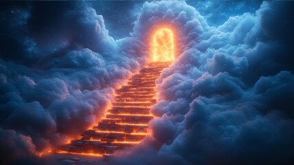 Ethereal Stairs Leading to a Glowing Door in the Sky Surrounded by Mystical Clouds and Starry Night, Symbolizing Hope and New Beginnings