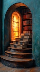 Enchanting Staircase of Books Leading to a Glowing Sunset Window in a Cozy, Mystical Library Setting with Warm and Inviting Aesthetic