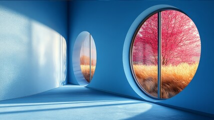 Modern Interior Design with Circular Windows Showcasing a Vibrant Landscape and Soft Natural Light in a Bright Blue Room
