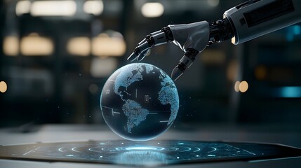 Robotic Hand Hovering Over Glowing Digital Globe with High-Tech Interface Elements