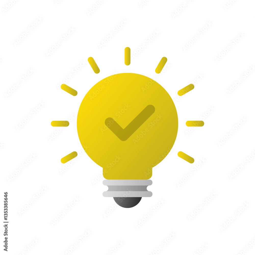 Poster light bulb tick checkmark icon in flat design. lamp with check sign. insight, tip symbol
