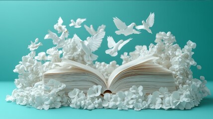 Open Book Surrounded by White Flowers and Doves, Symbolizing Knowledge, Freedom, and New Beginnings Against a Turquoise Background