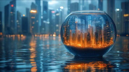 A Stunning View of a Cityscape Reflected in a Glass Fishbowl Surrounded by Water with Twinkling Lights and Skyscrapers in the Background at Dusk