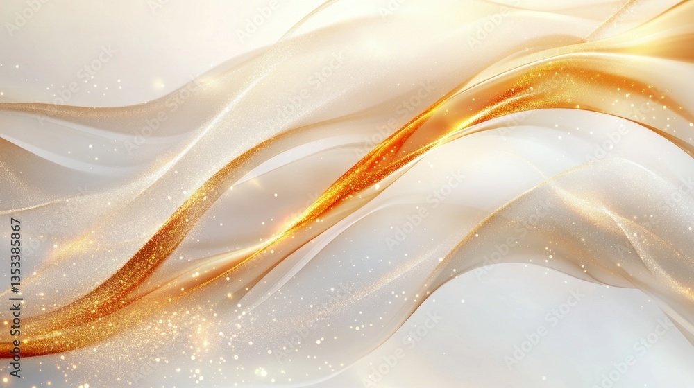 Poster luxurious abstract background featuring smooth golden and white waves with sparkling golden dust, cr