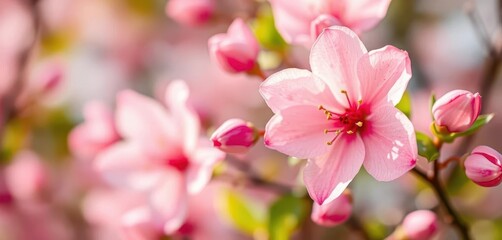 Fototapeta premium Soft pastel watercolor blooms, blurred delicate petals, spring bokeh effect, soft, watercolor background, illustration