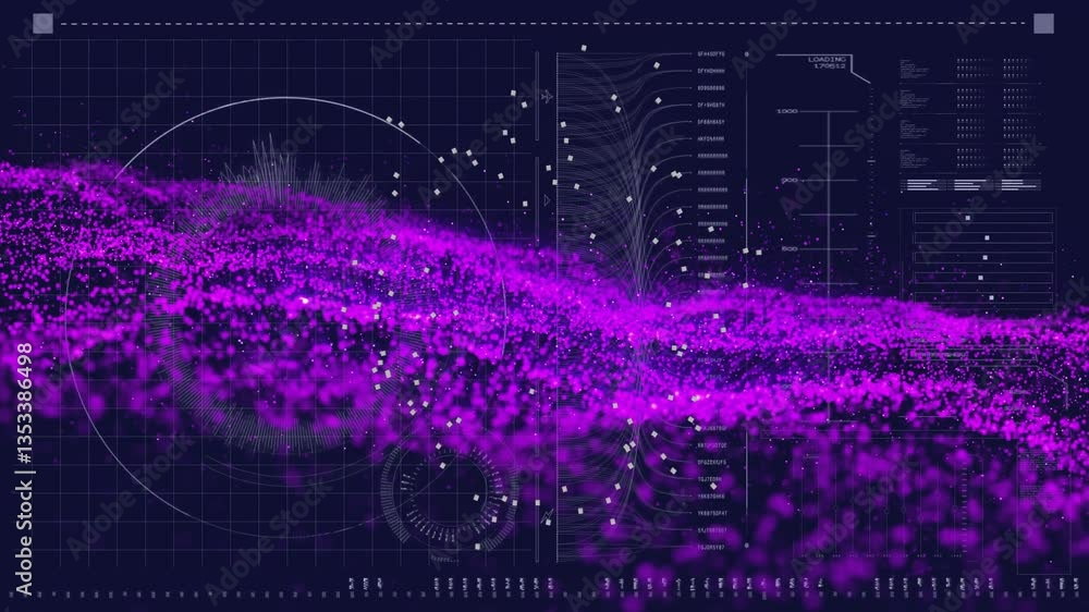 Poster animation of purple data visualization with graphs and charts on dark background