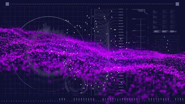 Animation of purple data visualization with graphs and charts on dark background