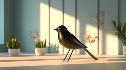 Sleek Black Bird Figurine with Minimalist White Potted Plants, Serene Soft Blue Backdrop, Modern Organic Decor Composition, Elegant Light and Shadow Contrast, Contemporary Home Styling Art