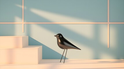 Sleek Black Bird Figurine on White Pedestal, Soft Blue Geometric Backdrop, Minimalist Modern Design with Light and Shadow, Contemporary Art Sculpture Display, Elevated Serene Composition