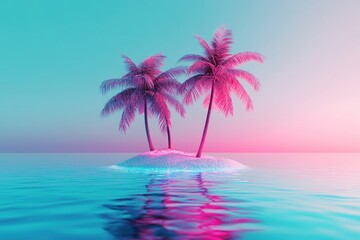 Fototapeta premium Pastel Pink Palm Trees on Floating Island, Ocean Sunset