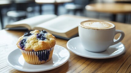 A stylish cafe table setting featuring a freshly baked blueberry muffin, an iced caramel macchiato, and an open book, with soft natural light