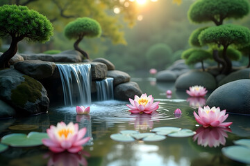 4k resolution Zen Garden Waterfall with Floating Lotus Flowers