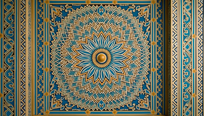 Intricate Islamic geometric patterns in blue and gold on a ceiling
